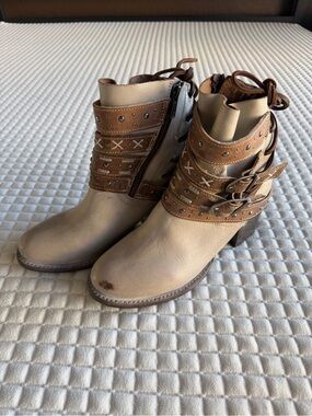 Freebird Caspian Beige Leather Ankle Boots with Brown Studded Straps